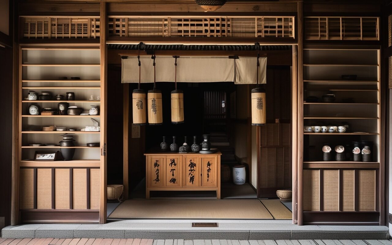 Noge tachinomi doorway in winter with a long wooden counter and simmering pots seen from the alley