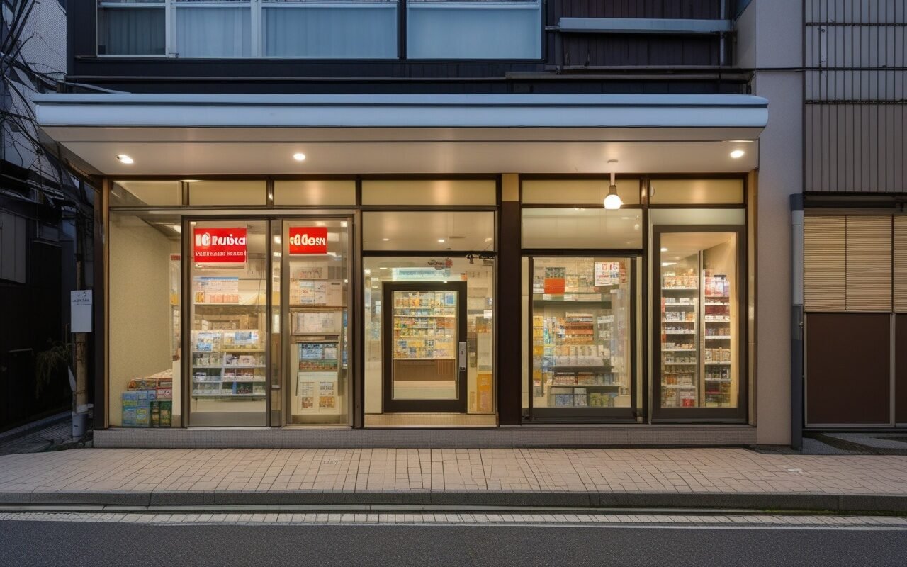 Japanese convenience store exterior at winter dusk with warm window light typical of konbini oden