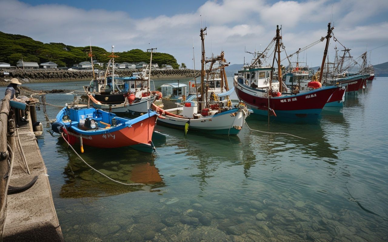 Manazuru fishing harbor with working boats and nets